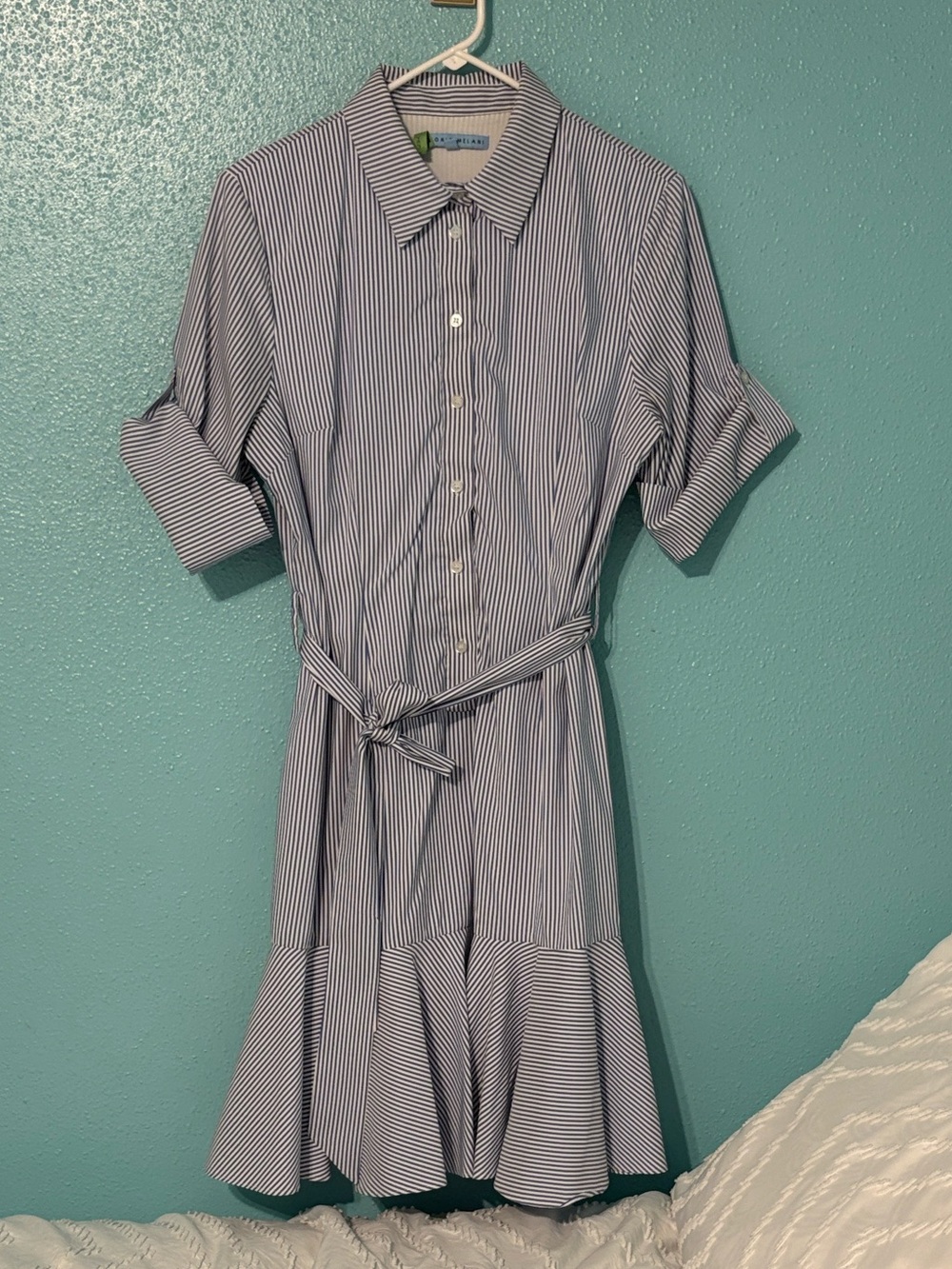 ANTONIO MELANI White and Navy Striped Midi Shirt Dress classic nautical belted - Picture 9 of 9